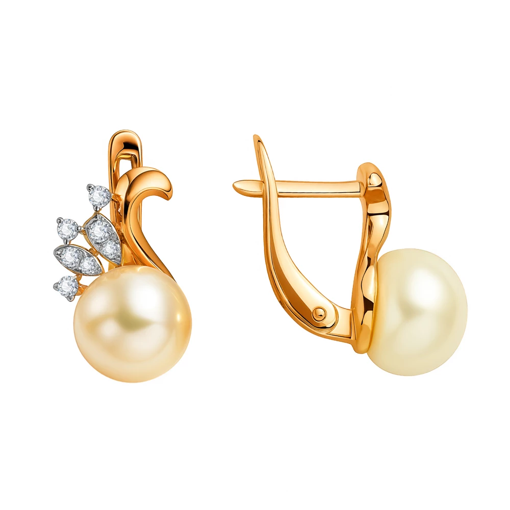Серьги с культивированным жемчугом и фианитами из красного золота 585 пробы