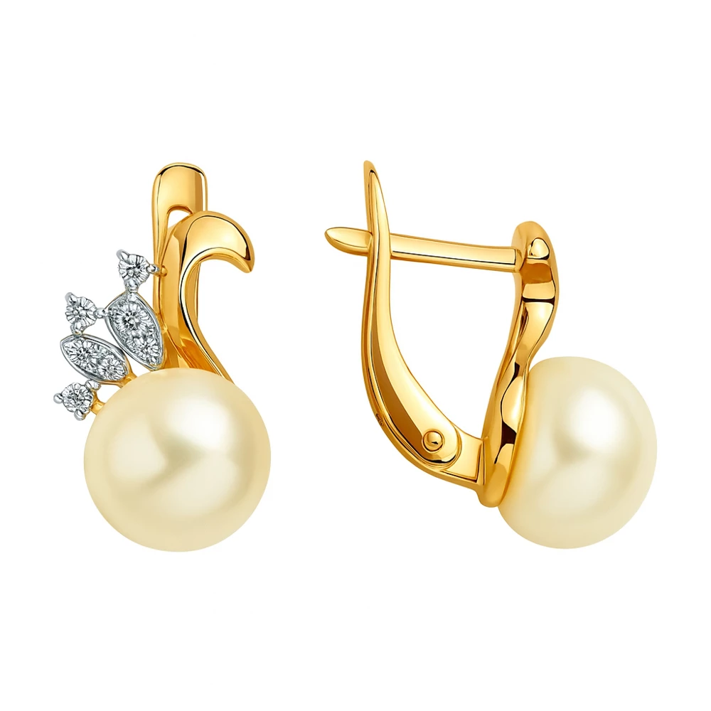 Серьги с культивированным жемчугом и фианитами из красного золота 585 пробы Серьги с культивированным жемчугом и фианитами из красного золота 585 пробы