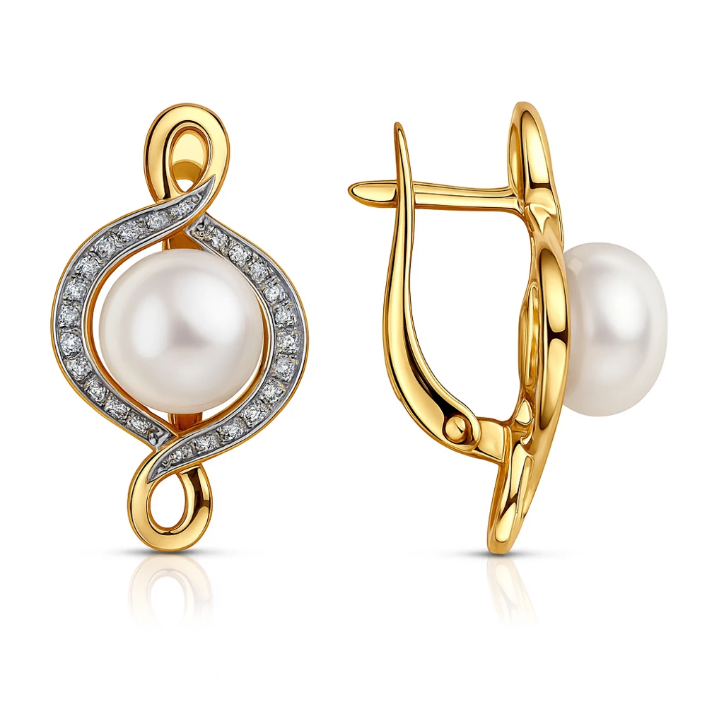 Серьги с культивированным жемчугом и фианитами из красного золота 585 пробы