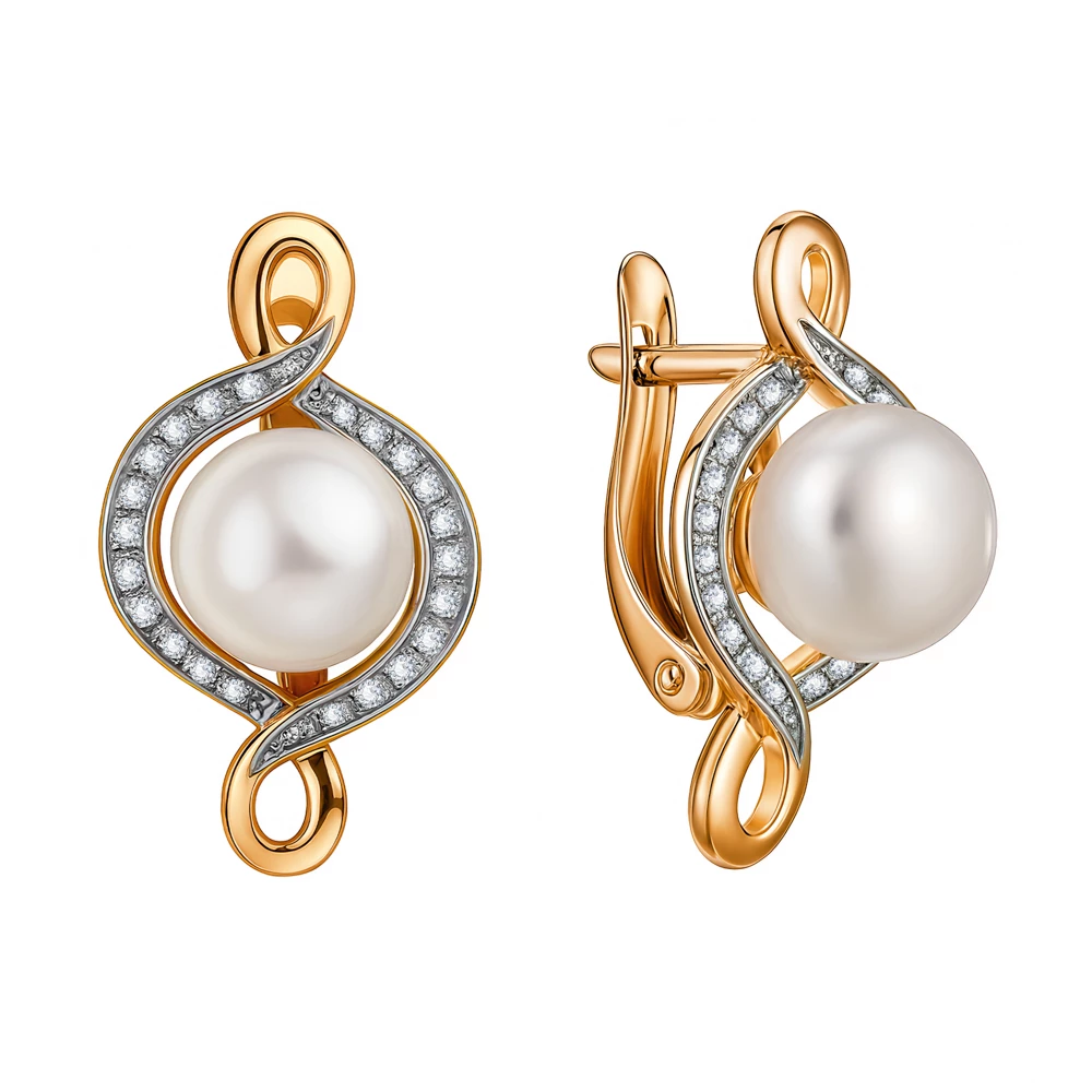 Серьги с культивированным жемчугом и фианитами из красного золота 585 пробы