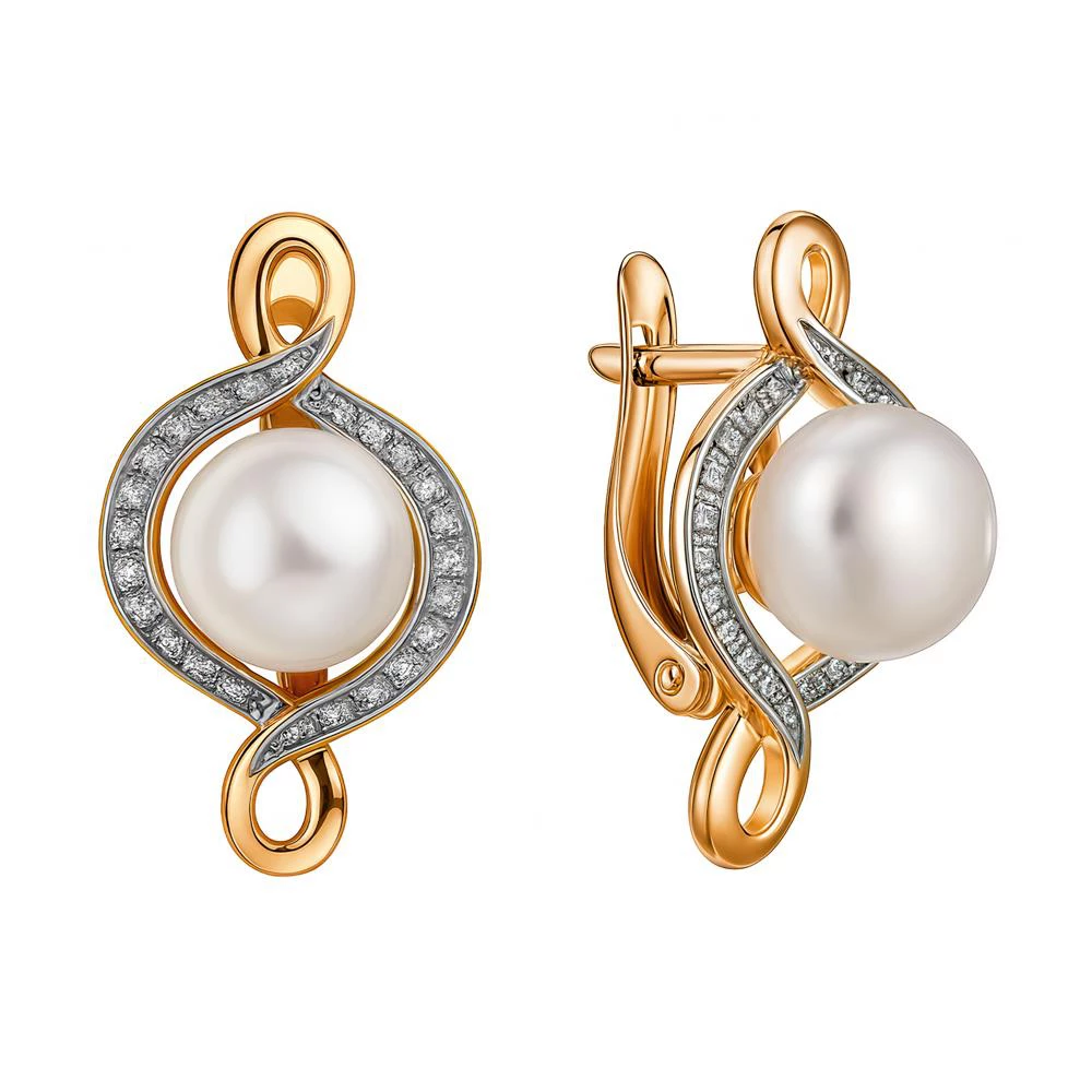 Серьги с культивированным жемчугом и фианитами из красного золота 585 пробы