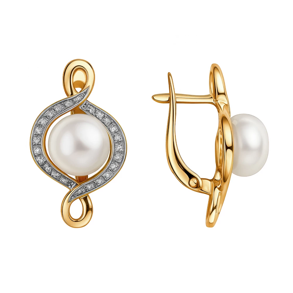 Серьги с культивированным жемчугом и фианитами из красного золота 585 пробы
