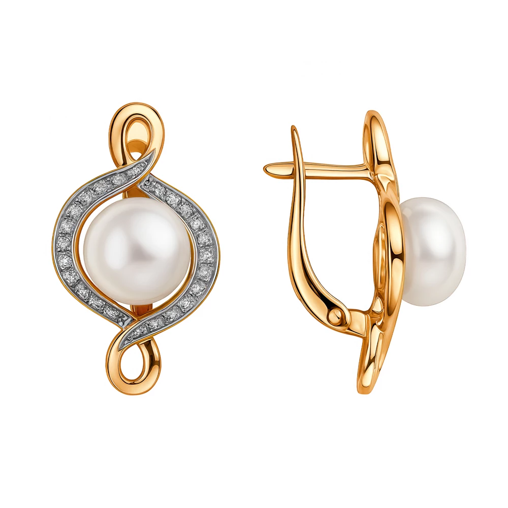 Серьги с культивированным жемчугом и фианитами из красного золота 585 пробы Серьги с культивированным жемчугом и фианитами из красного золота 585 пробы