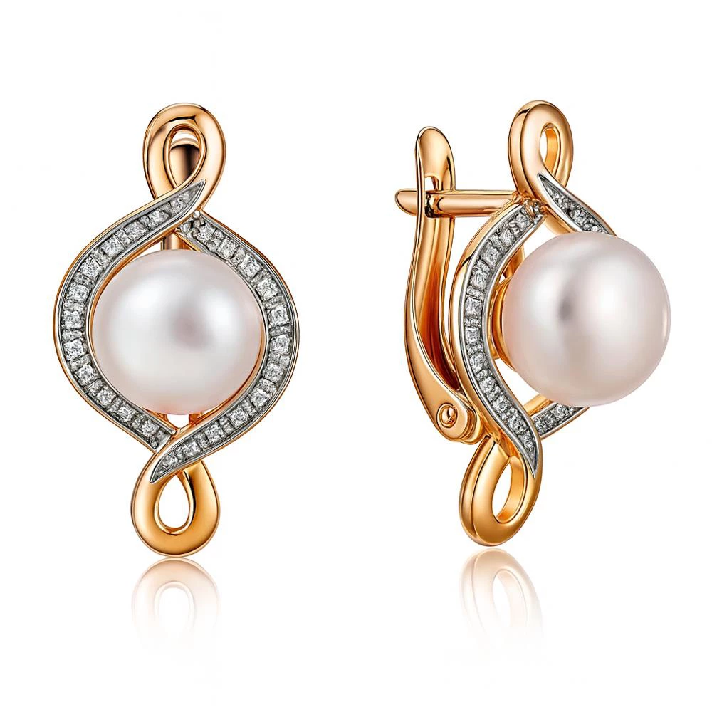Серьги с культивированным жемчугом и фианитами из красного золота 585 пробы