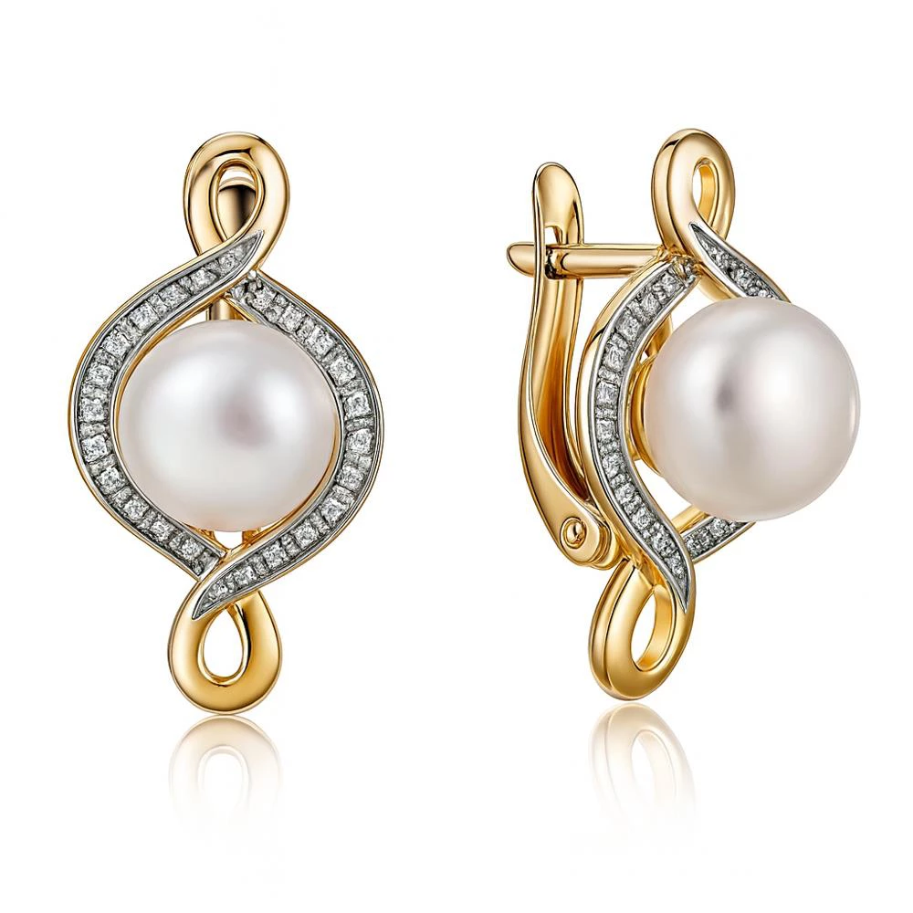 Серьги с культивированным жемчугом и фианитами из красного золота 585 пробы Серьги с культивированным жемчугом и фианитами из красного золота 585 пробы