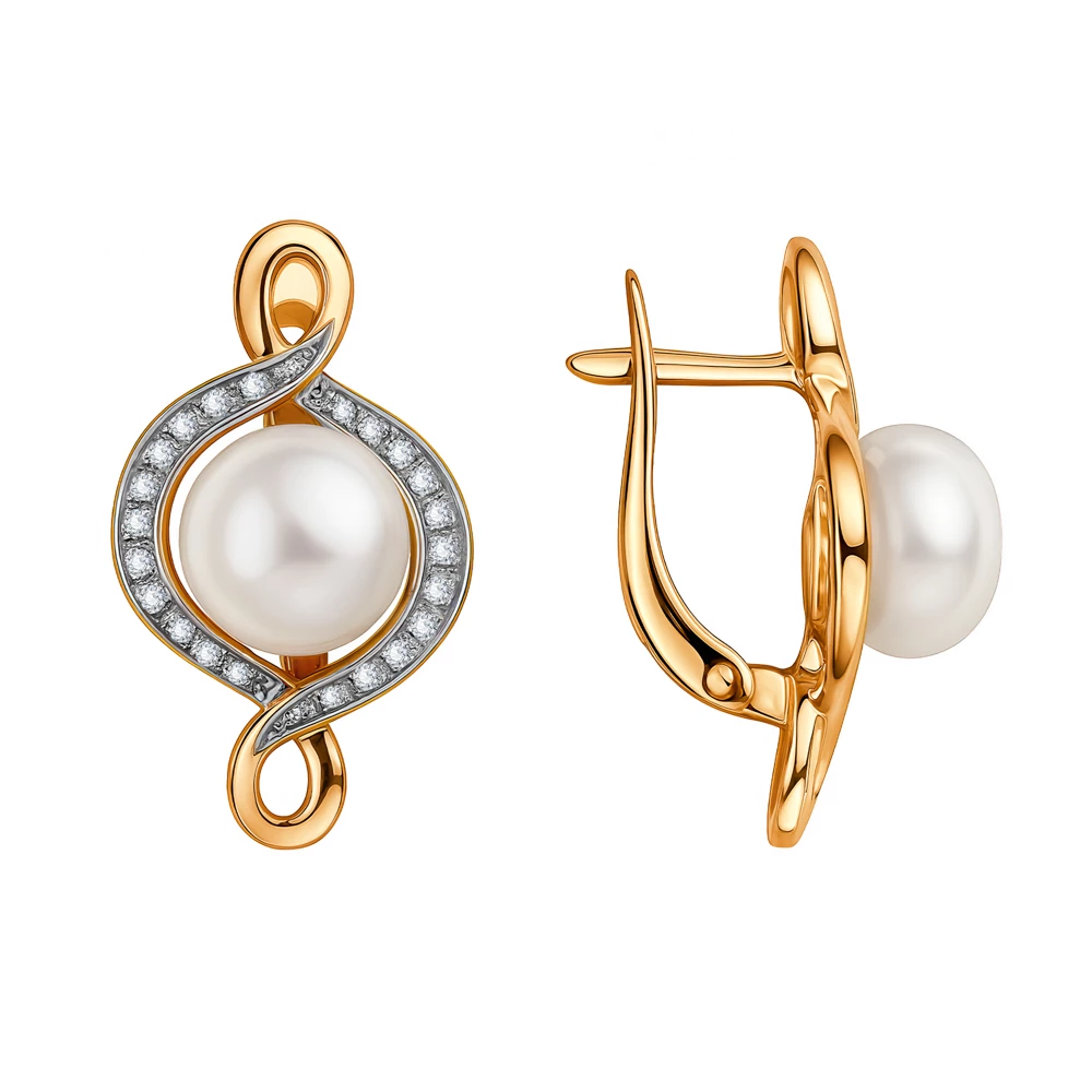 Серьги с культивированным жемчугом и фианитами из красного золота 585 пробы