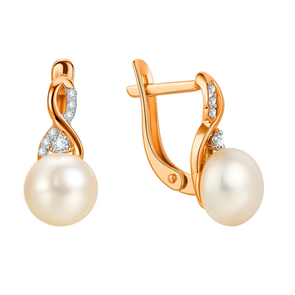Серьги с культивированным жемчугом и фианитами из красного золота 585 пробы