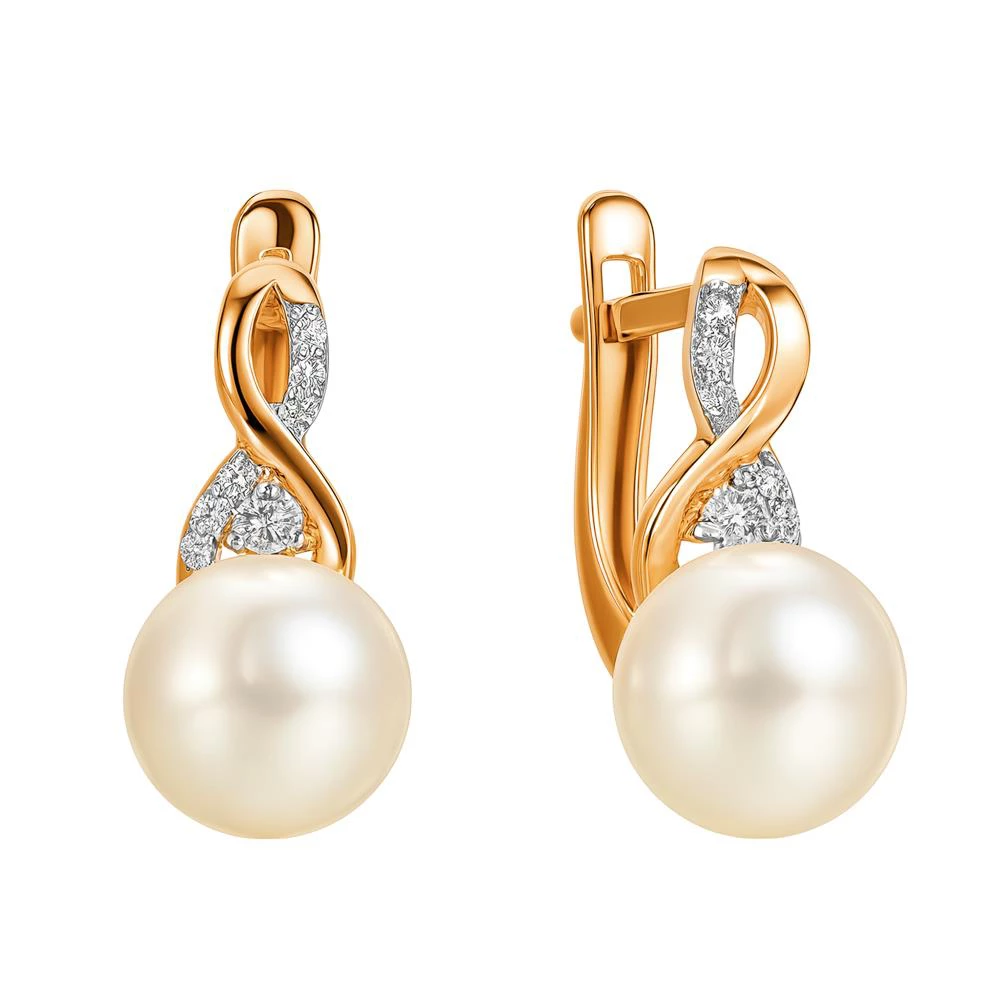 Серьги с культивированным жемчугом и фианитами из красного золота 585 пробы