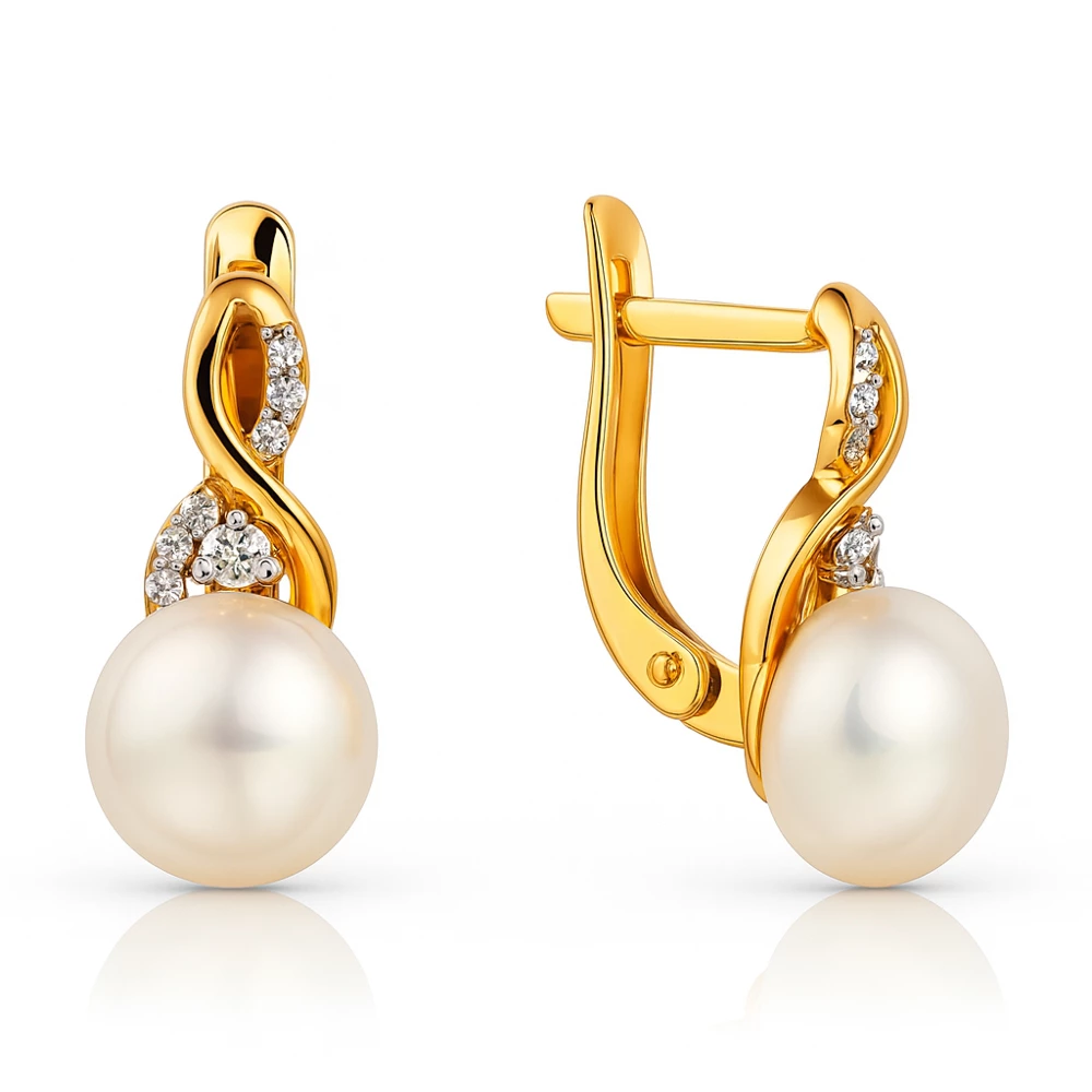 Серьги с культивированным жемчугом и фианитами из красного золота 585 пробы Серьги с культивированным жемчугом и фианитами из красного золота 585 пробы