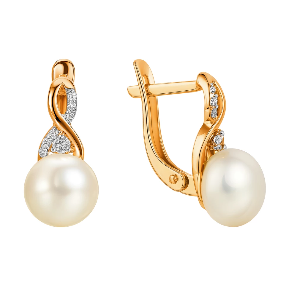 Серьги с культивированным жемчугом и фианитами из красного золота 585 пробы
