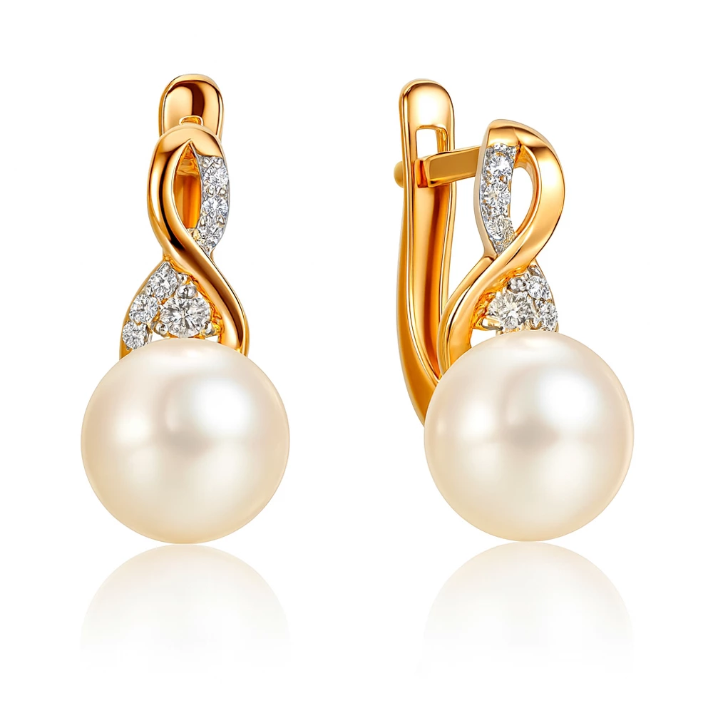 Серьги с культивированным жемчугом и фианитами из красного золота 585 пробы Серьги с культивированным жемчугом и фианитами из красного золота 585 пробы