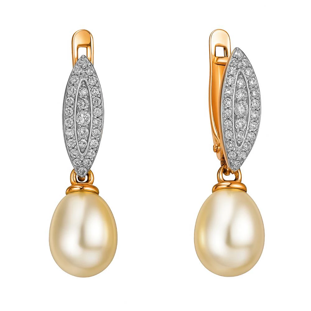 Серьги с культивированным жемчугом и фианитами из красного золота 585 пробы