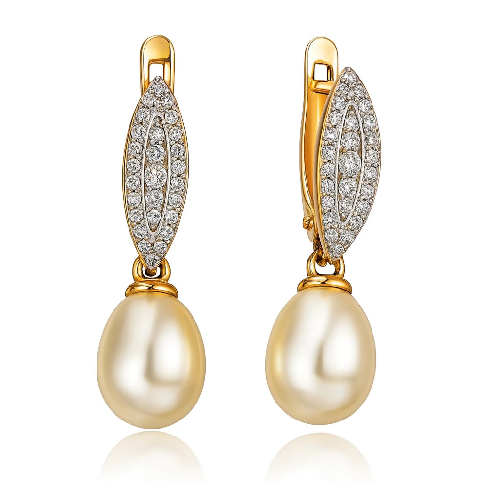 Серьги с культивированным жемчугом и фианитами из красного золота 585 пробы Серьги с культивированным жемчугом и фианитами из красного золота 585 пробы