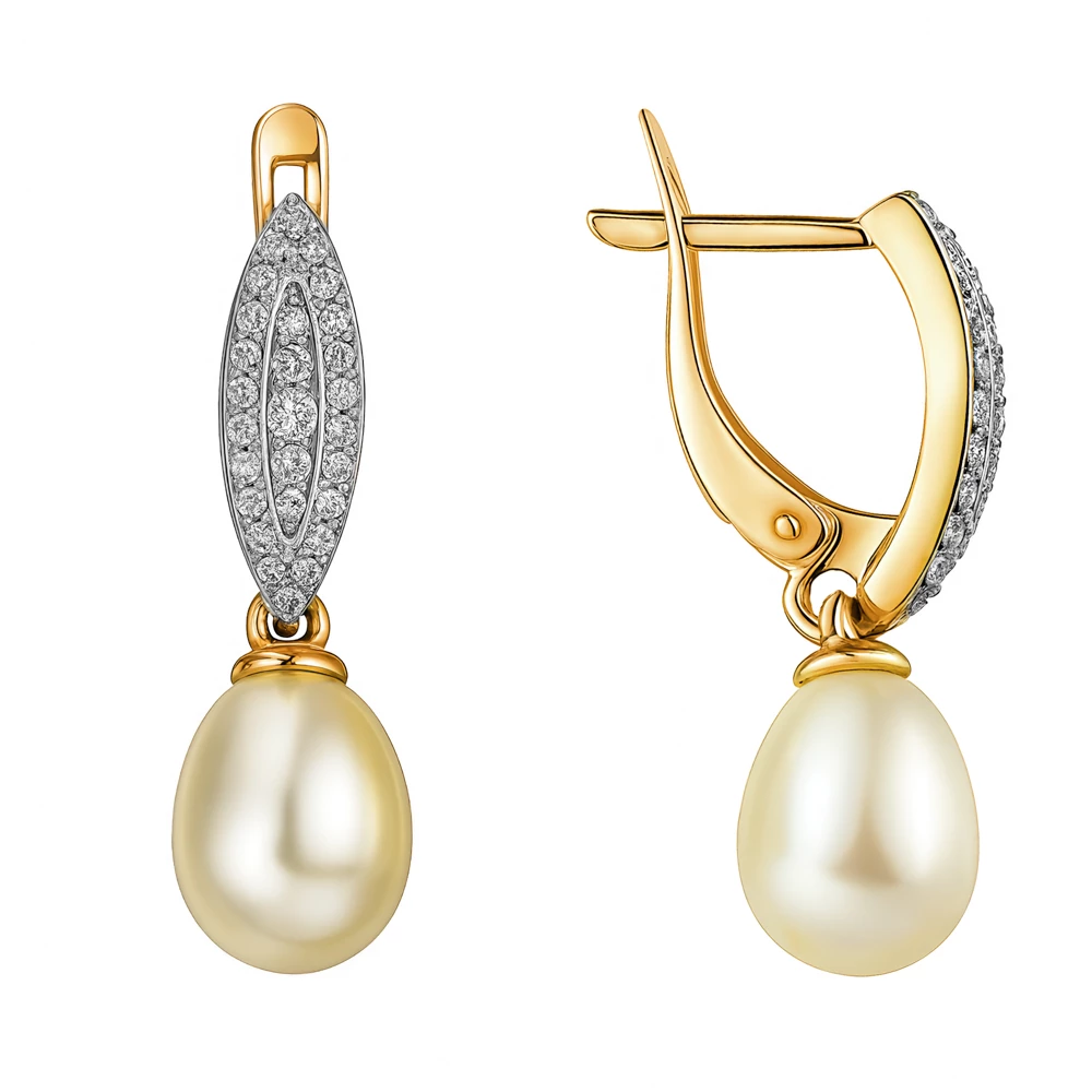 Серьги с культивированным жемчугом и фианитами из красного золота 585 пробы