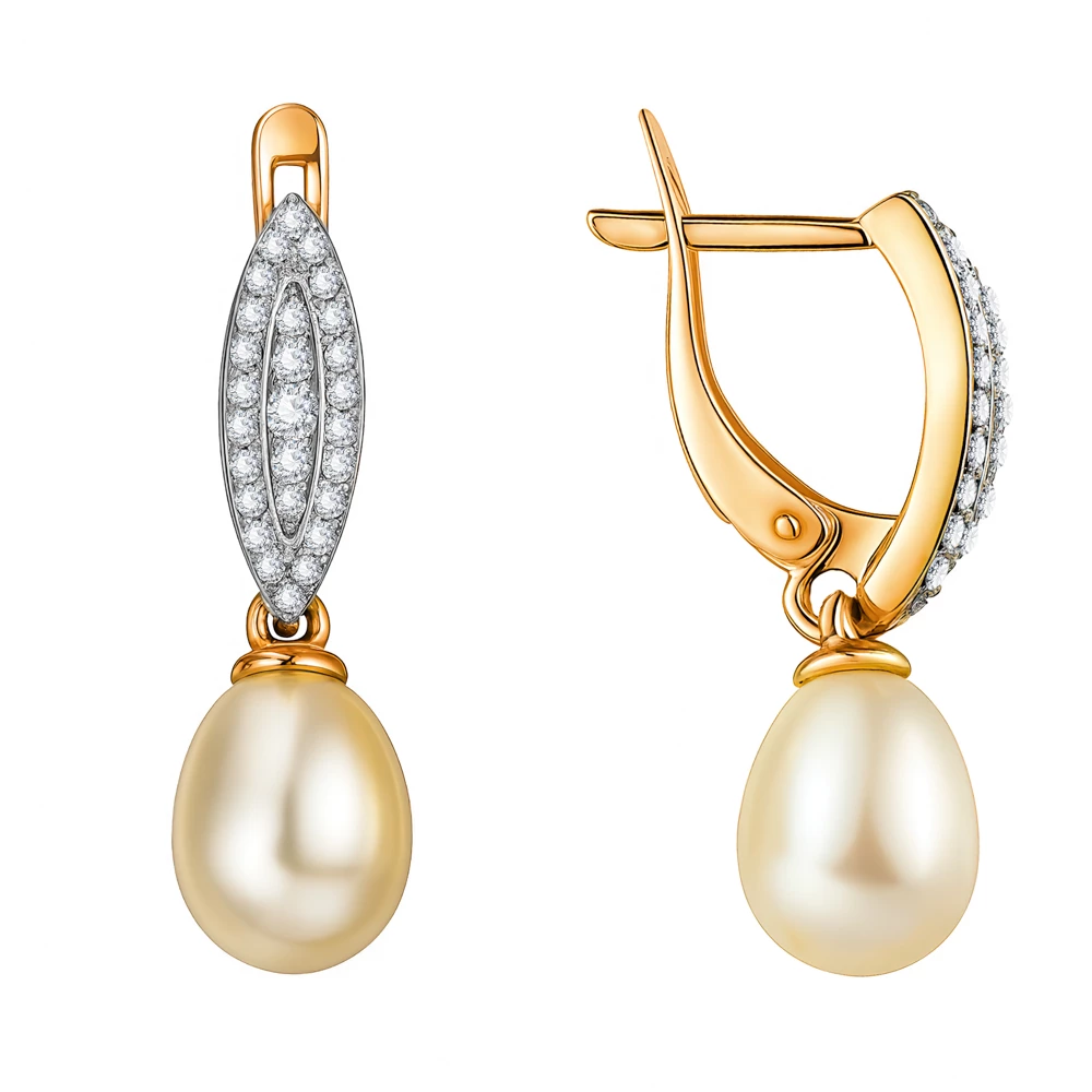 Серьги с культивированным жемчугом и фианитами из красного золота 585 пробы