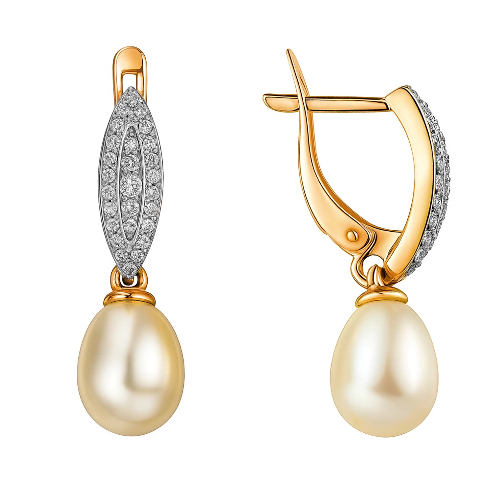 Серьги с культивированным жемчугом и фианитами из красного золота 585 пробы Серьги с культивированным жемчугом и фианитами из красного золота 585 пробы