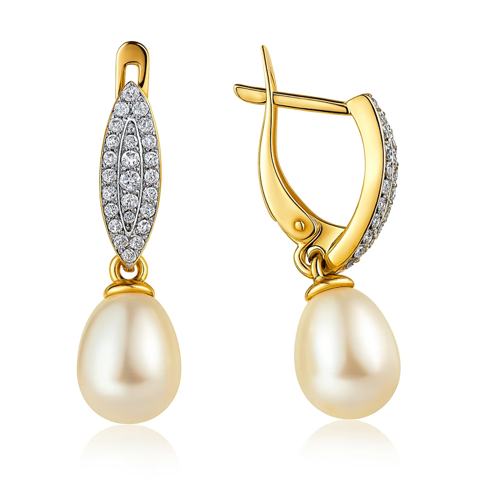 Серьги с культивированным жемчугом и фианитами из красного золота 585 пробы Серьги с культивированным жемчугом и фианитами из красного золота 585 пробы