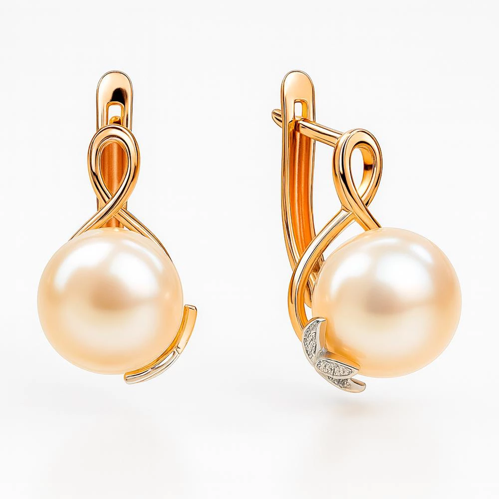 Серьги с культивированным жемчугом и фианитами из красного золота 585 пробы Серьги с культивированным жемчугом и фианитами из красного золота 585 пробы