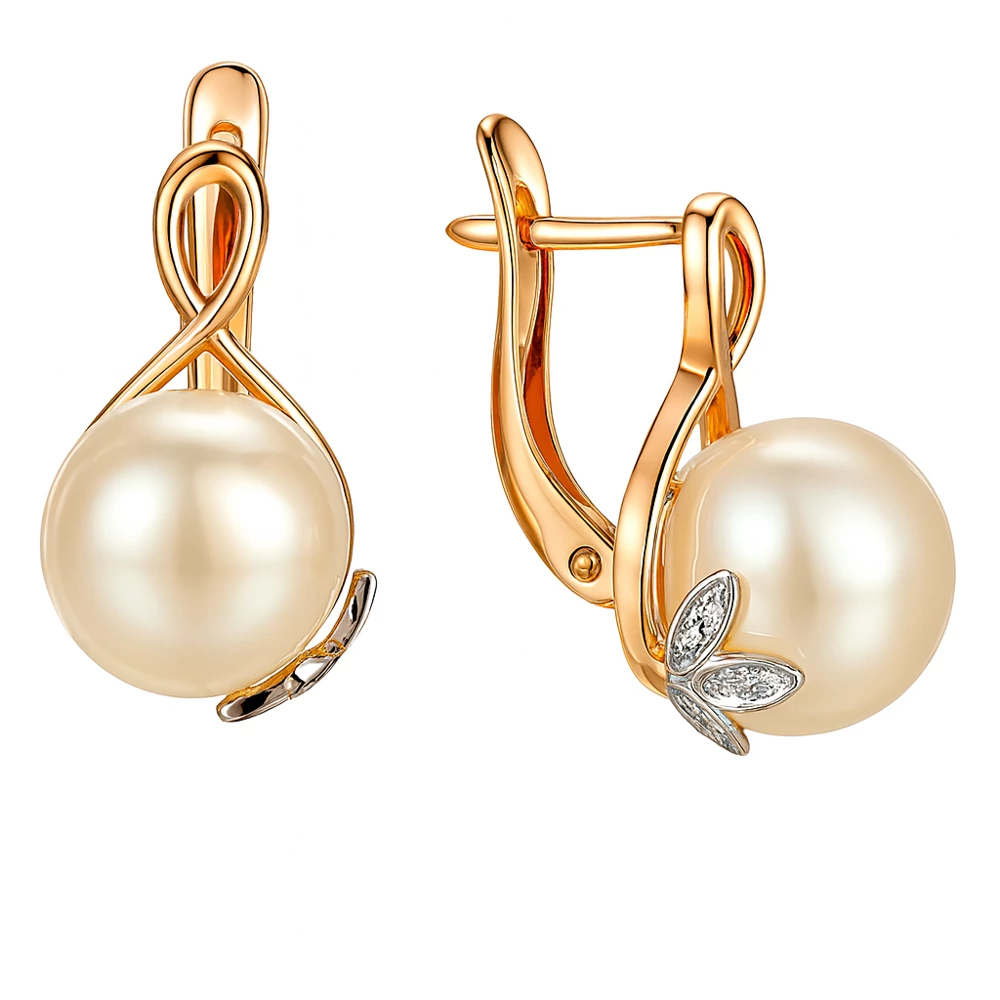 Серьги с культивированным жемчугом и фианитами из красного золота 585 пробы Серьги с культивированным жемчугом и фианитами из красного золота 585 пробы