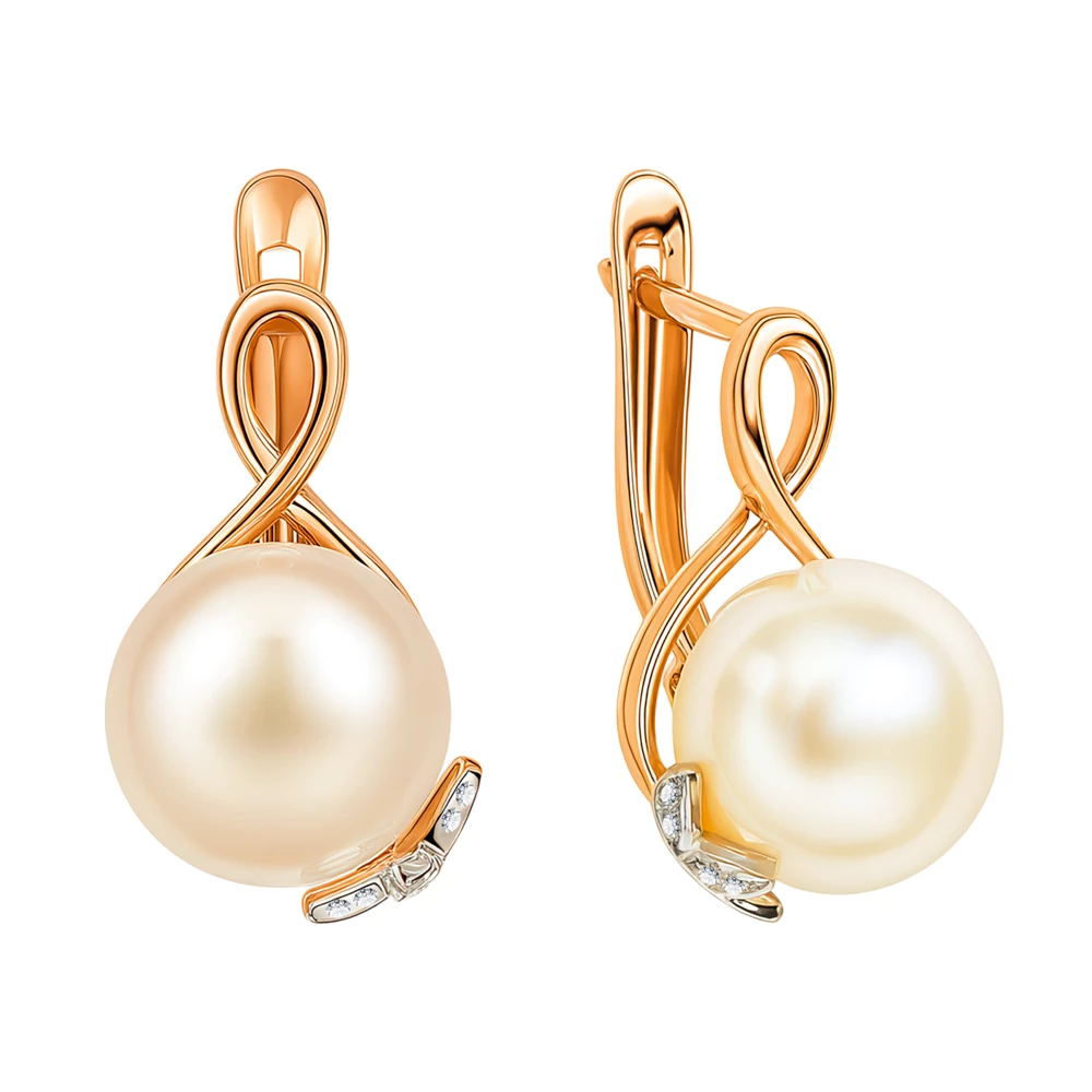 Серьги с культивированным жемчугом и фианитами из красного золота 585 пробы