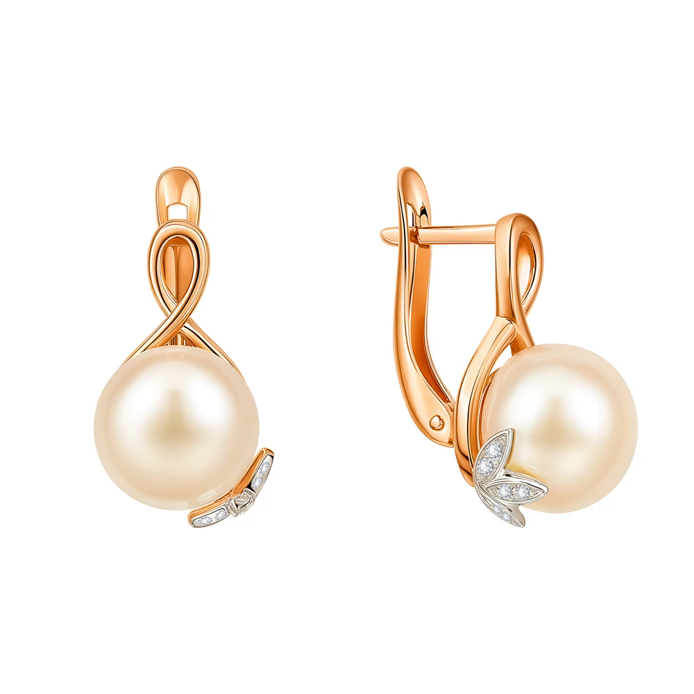 Серьги с культивированным жемчугом и фианитами из красного золота 585 пробы