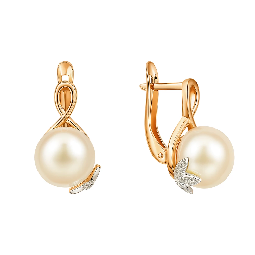 Серьги с культивированным жемчугом и фианитами из красного золота 585 пробы