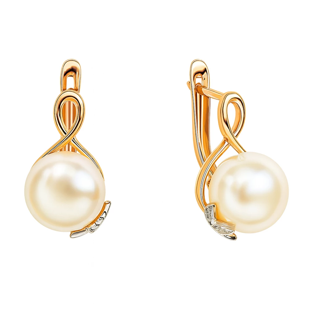 Серьги с культивированным жемчугом и фианитами из красного золота 585 пробы Серьги с культивированным жемчугом и фианитами из красного золота 585 пробы