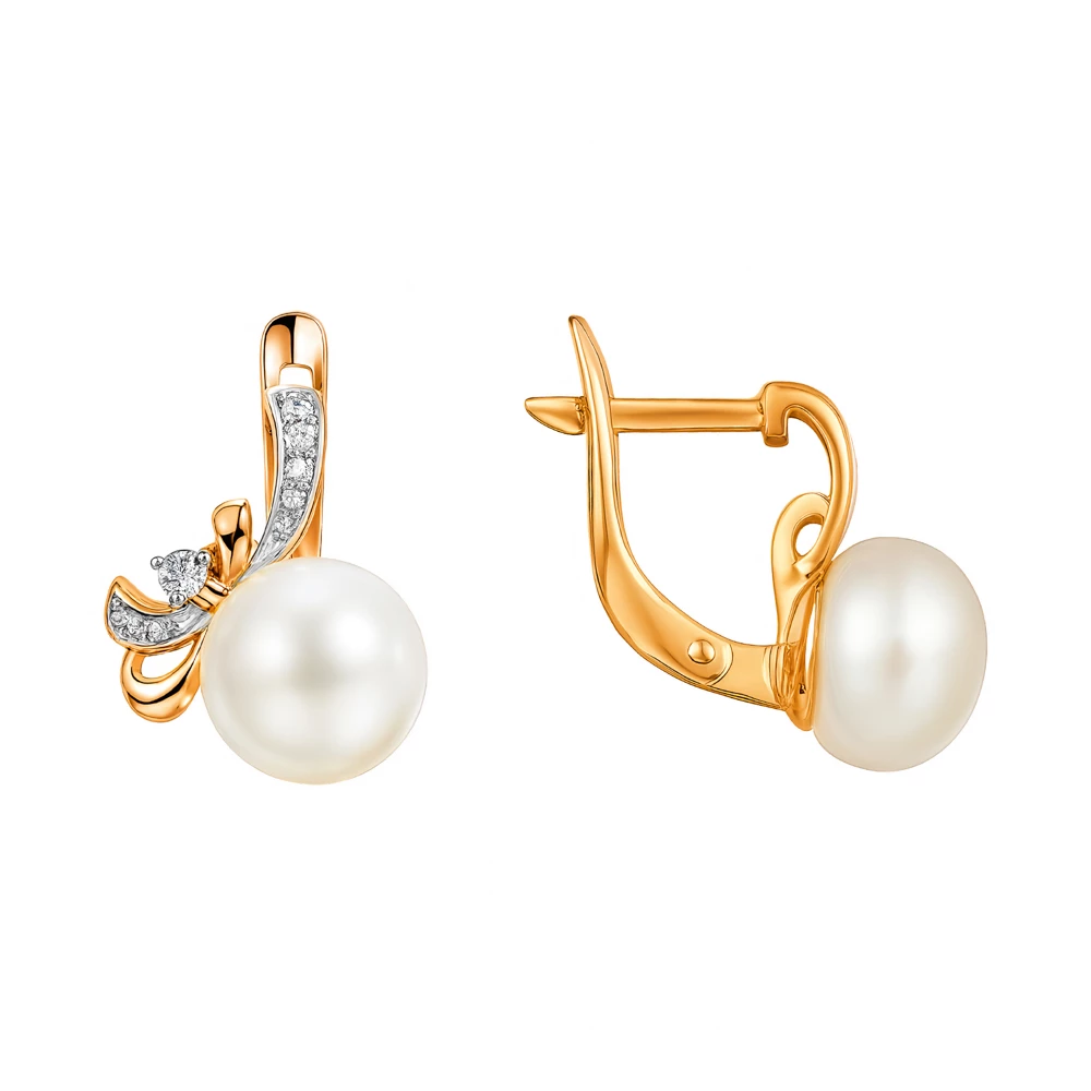 Серьги с культивированным жемчугом и фианитами из красного золота 585 пробы Серьги с культивированным жемчугом и фианитами из красного золота 585 пробы