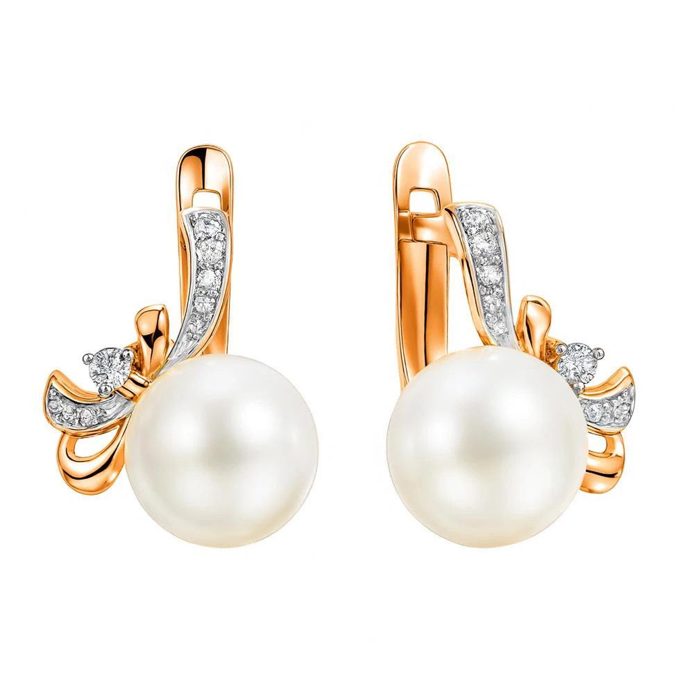 Серьги с культивированным жемчугом и фианитами из красного золота 585 пробы