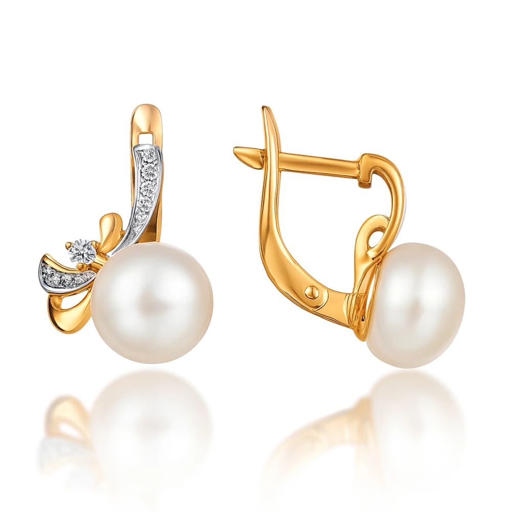 Серьги с культивированным жемчугом и фианитами из красного золота 585 пробы