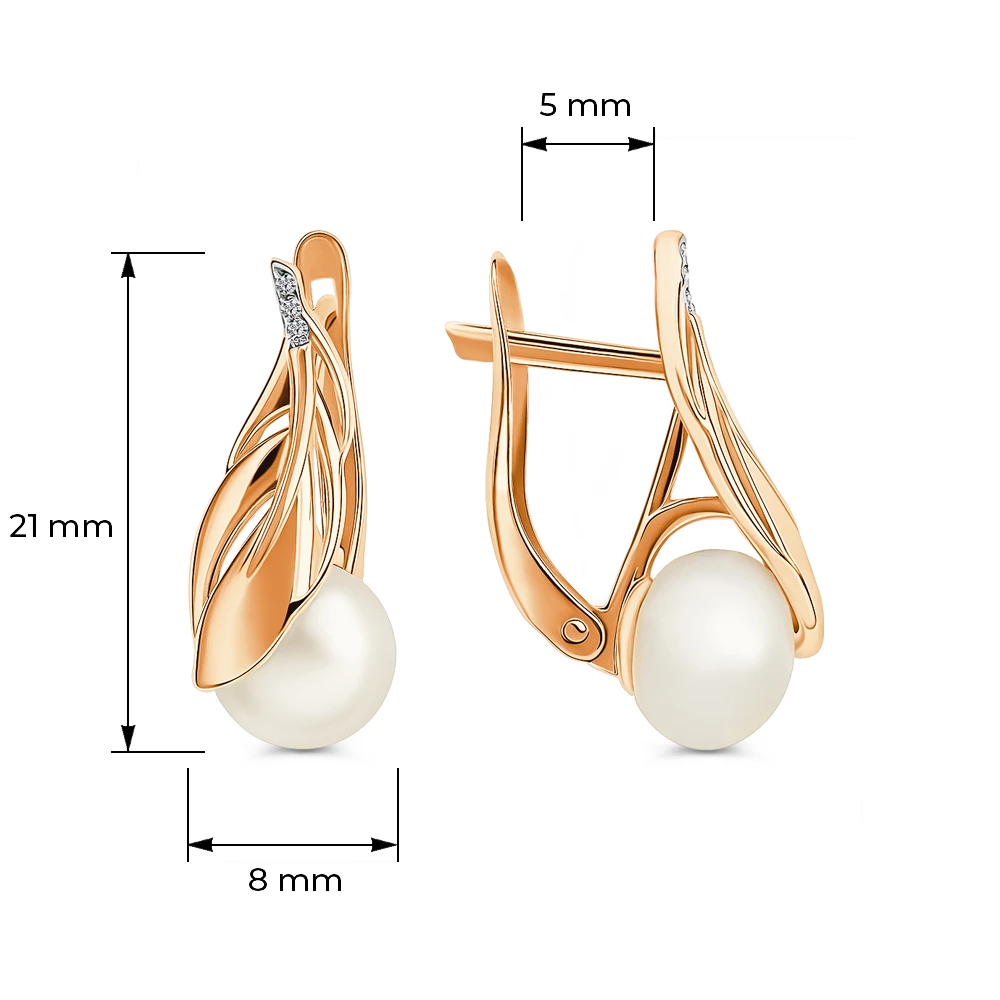 Серьги с культивированным жемчугом и фианитами из красного золота 585 пробы