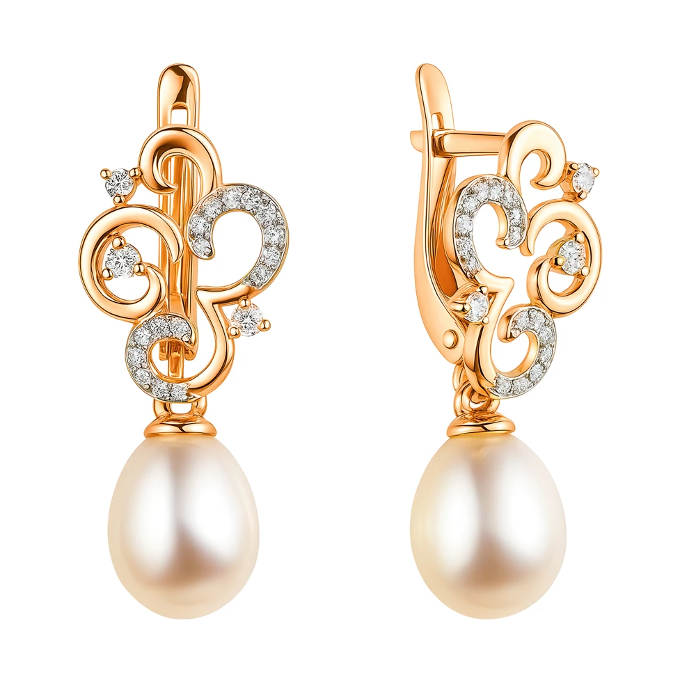 Серьги с культивированным жемчугом и фианитами из красного золота 585 пробы