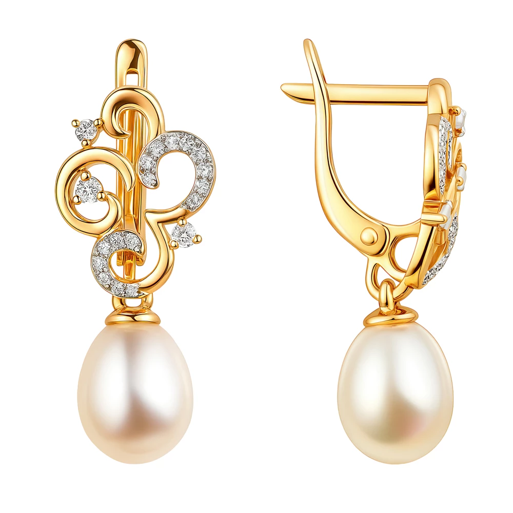 Серьги с культивированным жемчугом и фианитами из красного золота 585 пробы Серьги с культивированным жемчугом и фианитами из красного золота 585 пробы