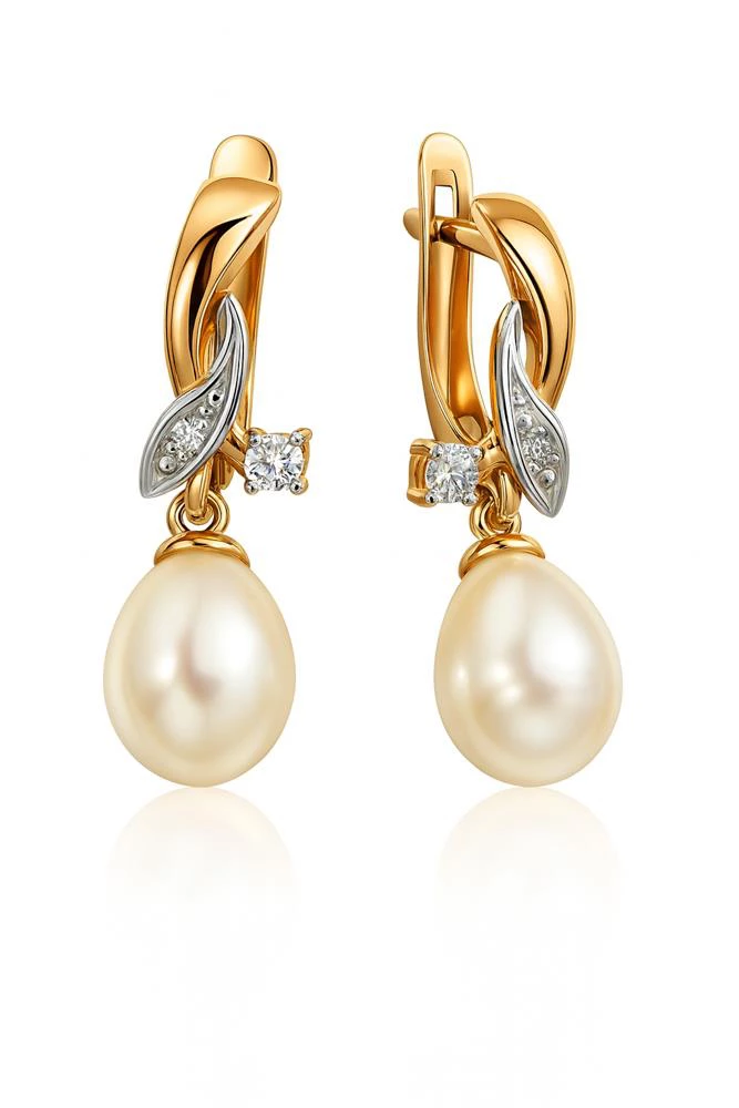 Серьги с культивированным жемчугом и фианитами из красного золота 585 пробы Серьги с культивированным жемчугом и фианитами из красного золота 585 пробы