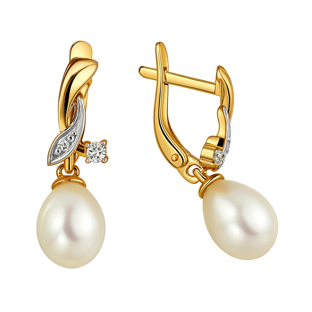 Серьги с культивированным жемчугом и фианитами из красного золота 585 пробы Серьги с культивированным жемчугом и фианитами из красного золота 585 пробы