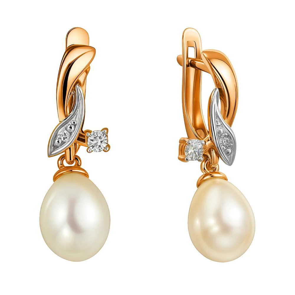 Серьги с культивированным жемчугом и фианитами из красного золота 585 пробы