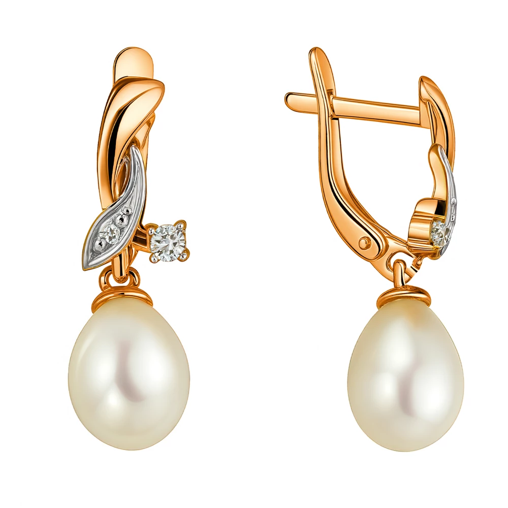 Серьги с культивированным жемчугом и фианитами из красного золота 585 пробы Серьги с культивированным жемчугом и фианитами из красного золота 585 пробы