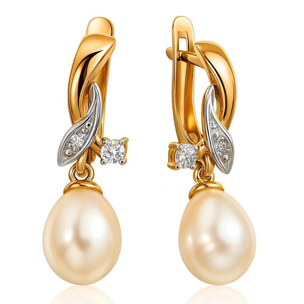 Серьги с культивированным жемчугом и фианитами из красного золота 585 пробы Серьги с культивированным жемчугом и фианитами из красного золота 585 пробы