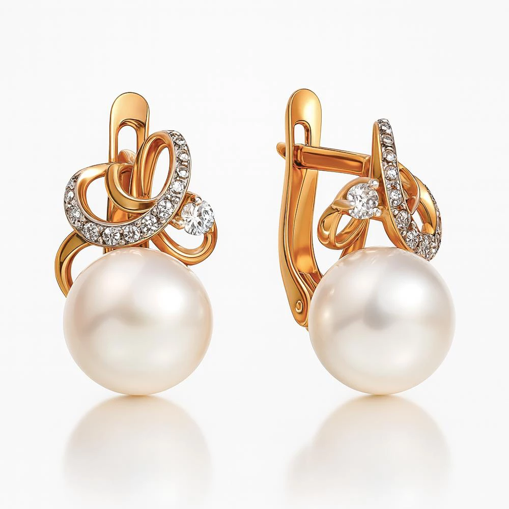 Серьги с культивированным жемчугом и фианитами из красного золота 585 пробы Серьги с культивированным жемчугом и фианитами из красного золота 585 пробы