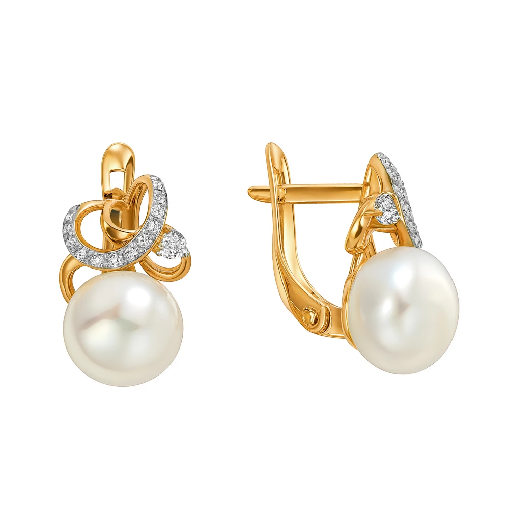 Серьги с культивированным жемчугом и фианитами из красного золота 585 пробы