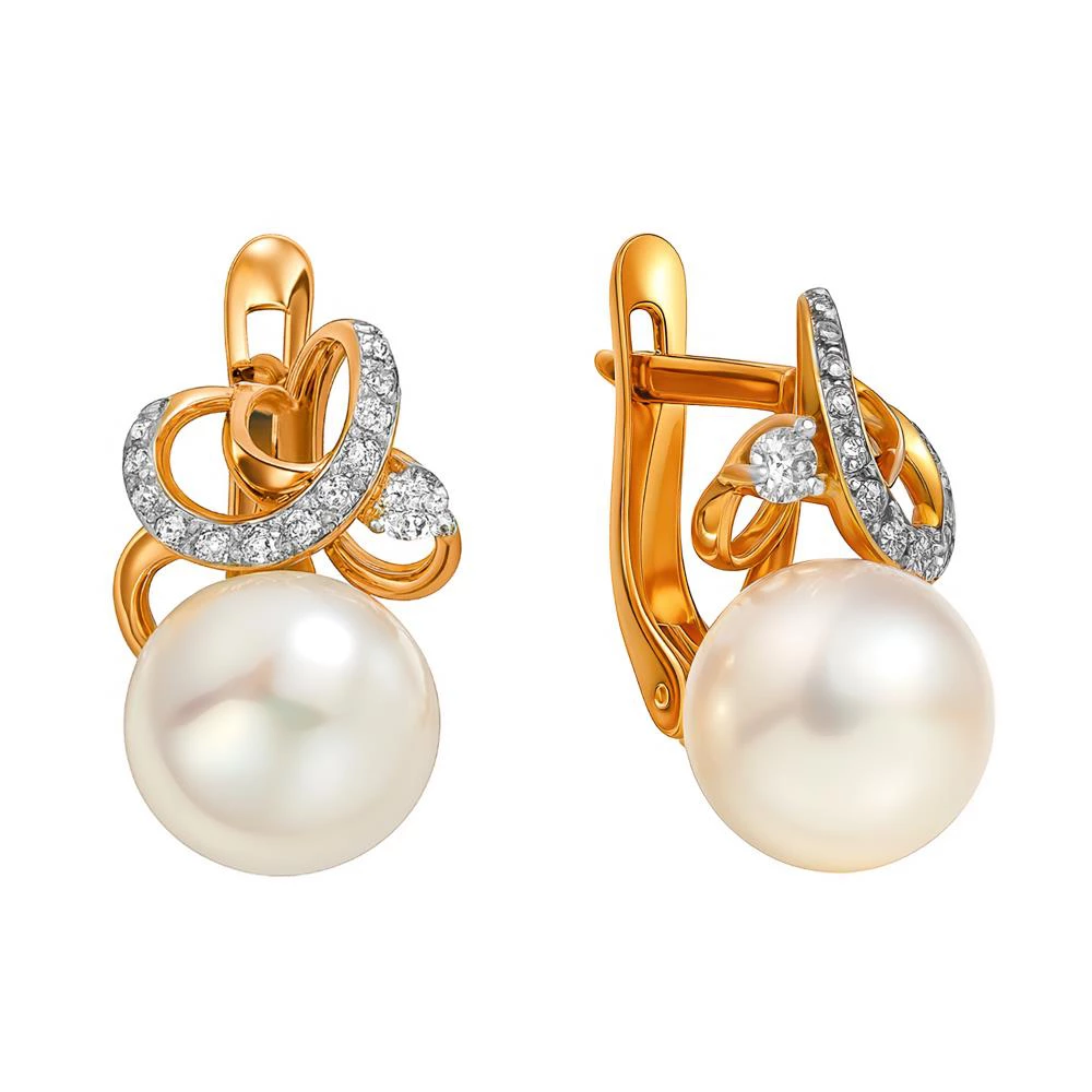 Серьги с культивированным жемчугом и фианитами из красного золота 585 пробы