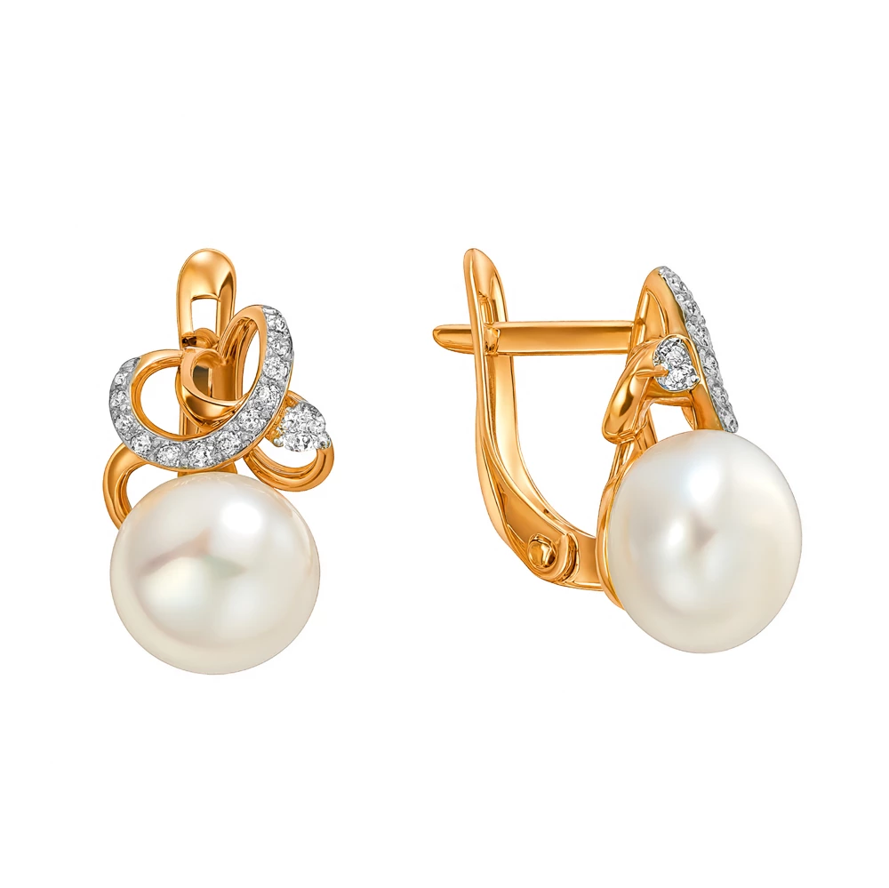 Серьги с культивированным жемчугом и фианитами из красного золота 585 пробы Серьги с культивированным жемчугом и фианитами из красного золота 585 пробы