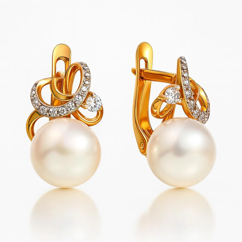 Серьги с культивированным жемчугом и фианитами из красного золота 585 пробы Серьги с культивированным жемчугом и фианитами из красного золота 585 пробы