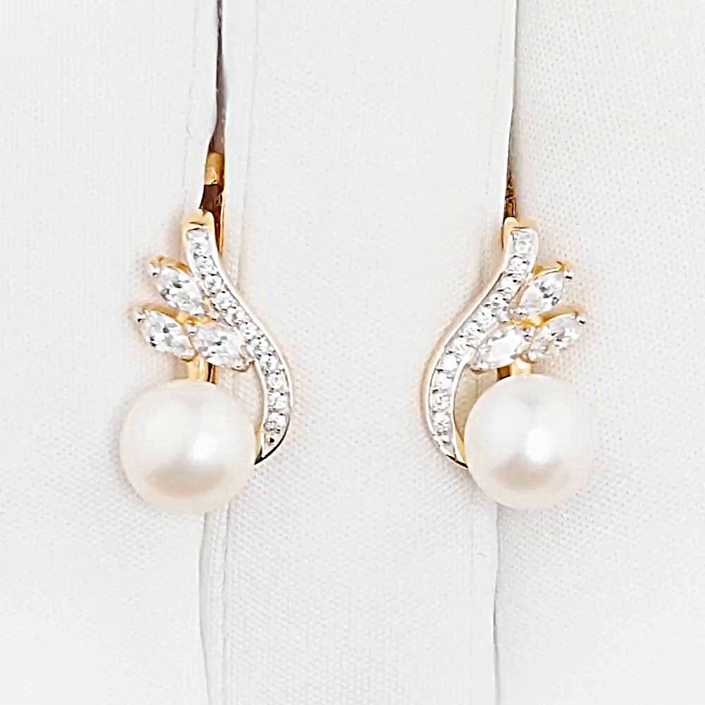 Серьги с культивированным жемчугом и фианитами из красного золота 585 пробы 1