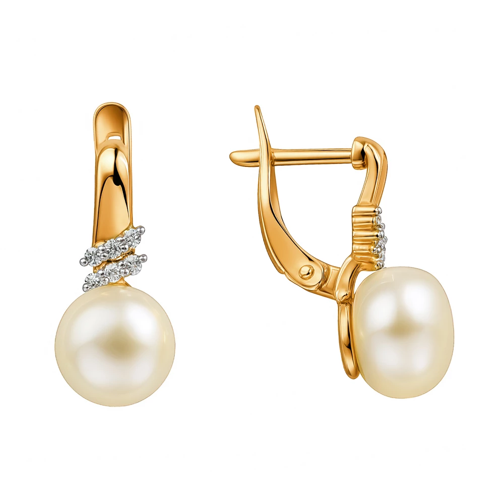 Серьги с культивированным жемчугом и фианитами из красного золота 585 пробы