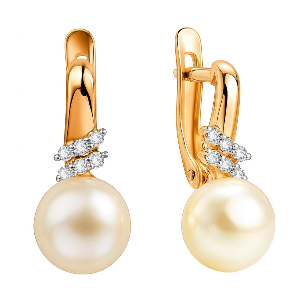 Серьги с культивированным жемчугом и фианитами из красного золота 585 пробы