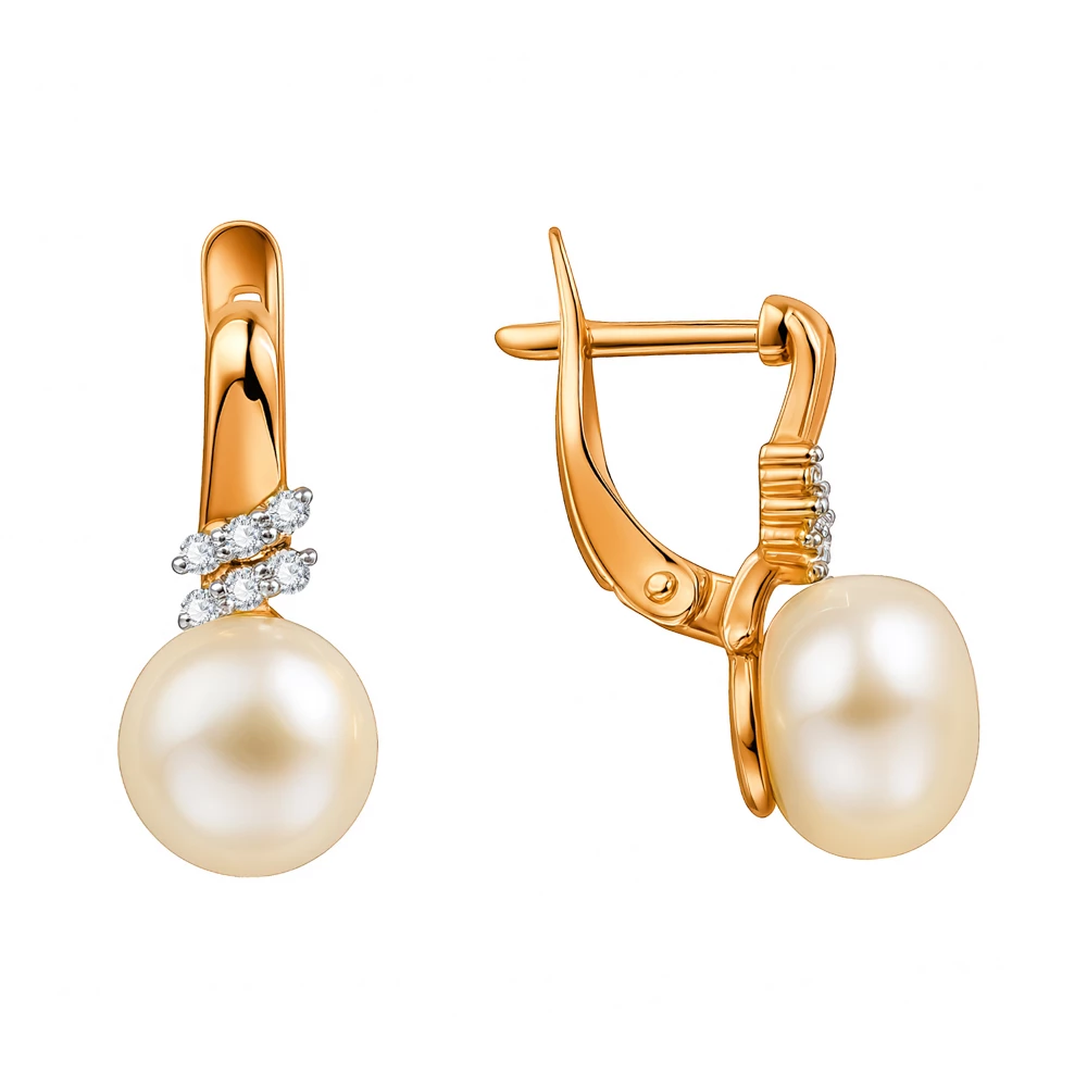 Серьги с культивированным жемчугом и фианитами из красного золота 585 пробы