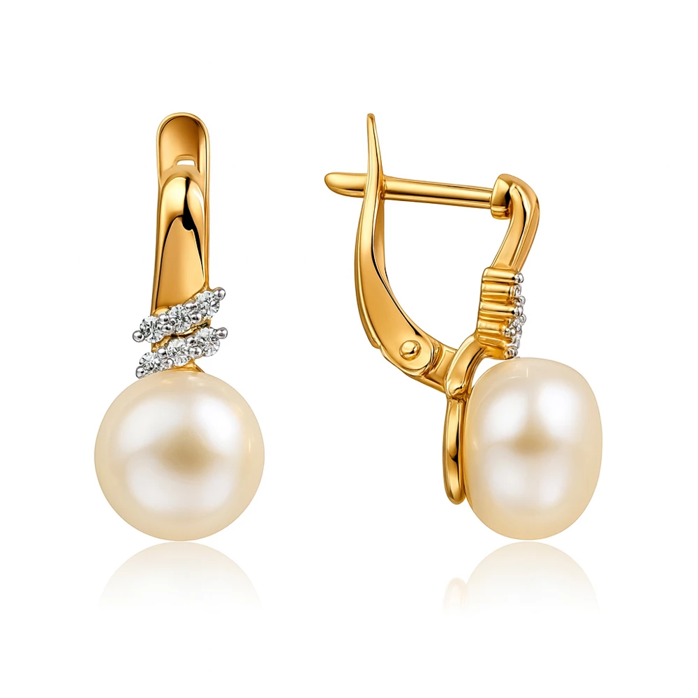 Серьги с культивированным жемчугом и фианитами из красного золота 585 пробы Серьги с культивированным жемчугом и фианитами из красного золота 585 пробы