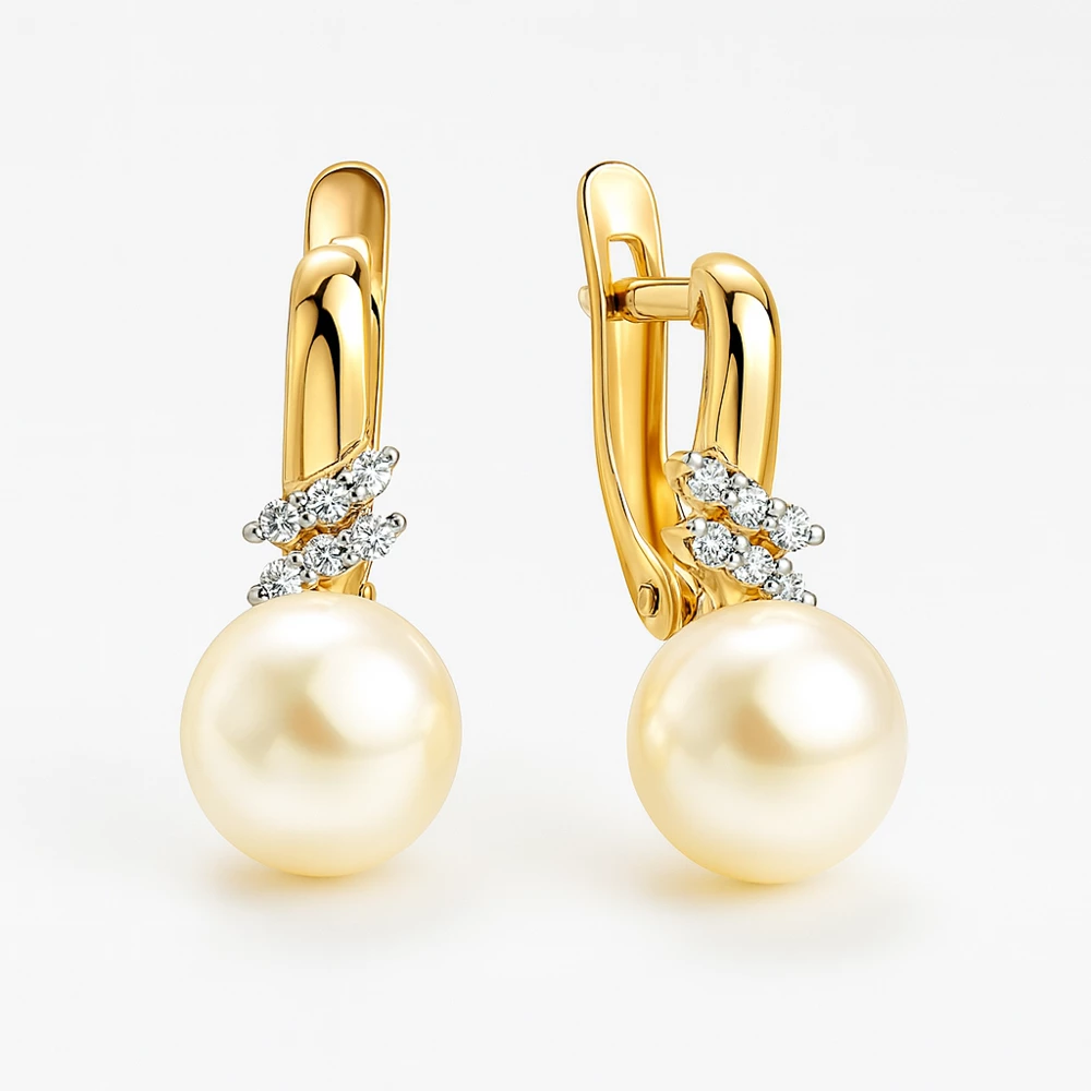 Серьги с культивированным жемчугом и фианитами из красного золота 585 пробы Серьги с культивированным жемчугом и фианитами из красного золота 585 пробы