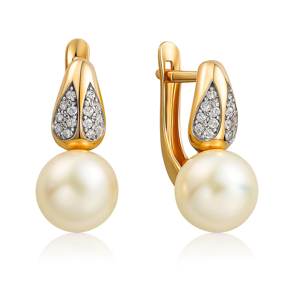 Серьги с культивированным жемчугом и фианитами из красного золота 585 пробы Серьги с культивированным жемчугом и фианитами из красного золота 585 пробы